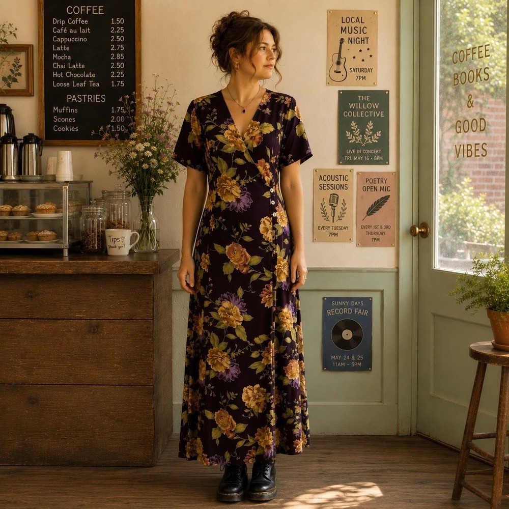 Vintage 90's Coldwater Creek Dark Floral Maxi Dress Size L 12 Grunge‎ Whimsigoth